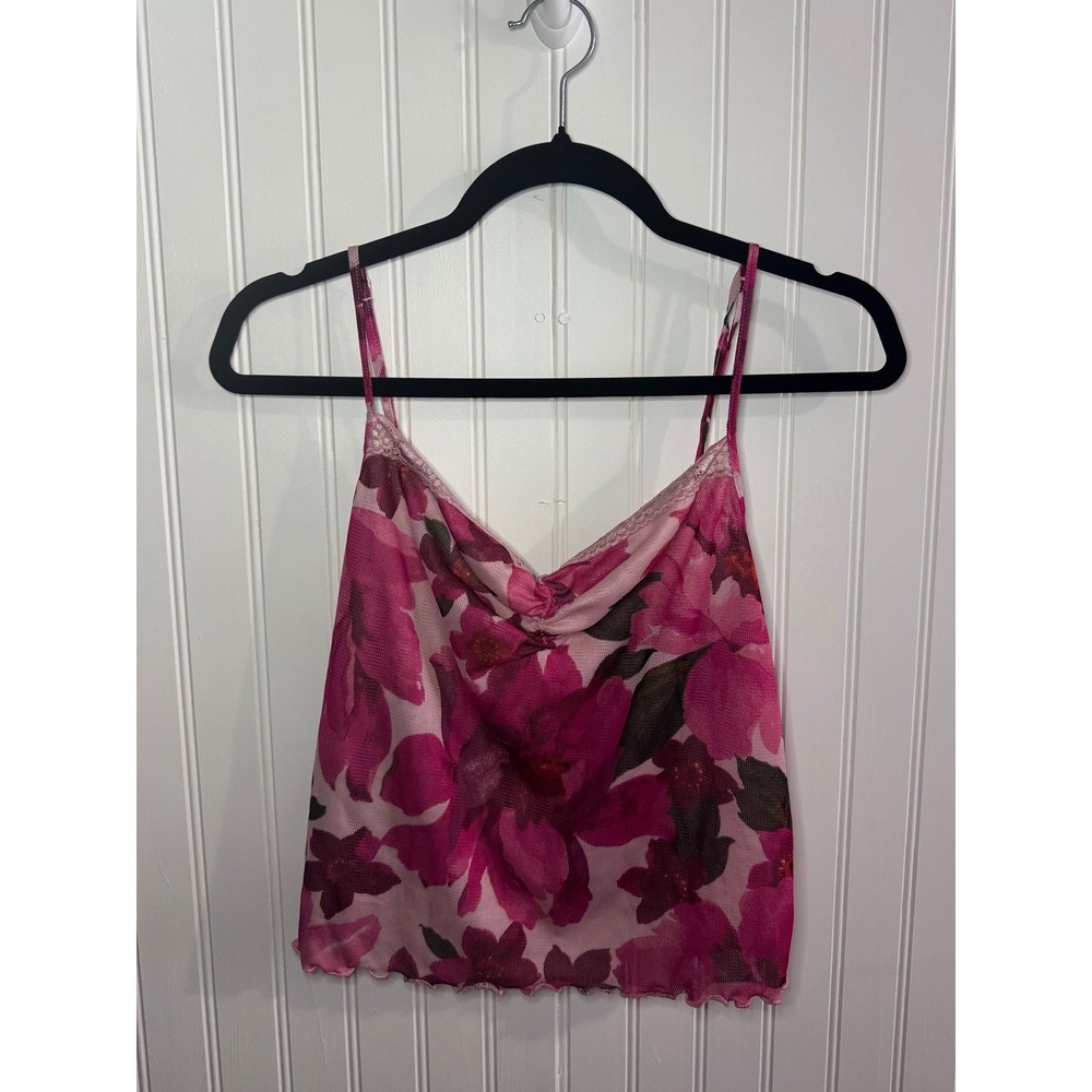 Avon Intimates Pink Floral Mesh Camisole Cowl Neck Lace Trim Top Large
